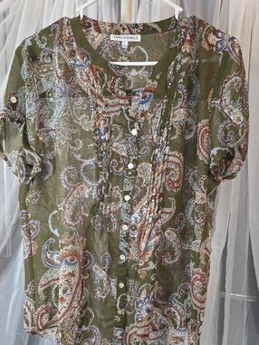 #250 Sara Michelle Olive Paisley Button-Up Tunic with Multicolor Accents